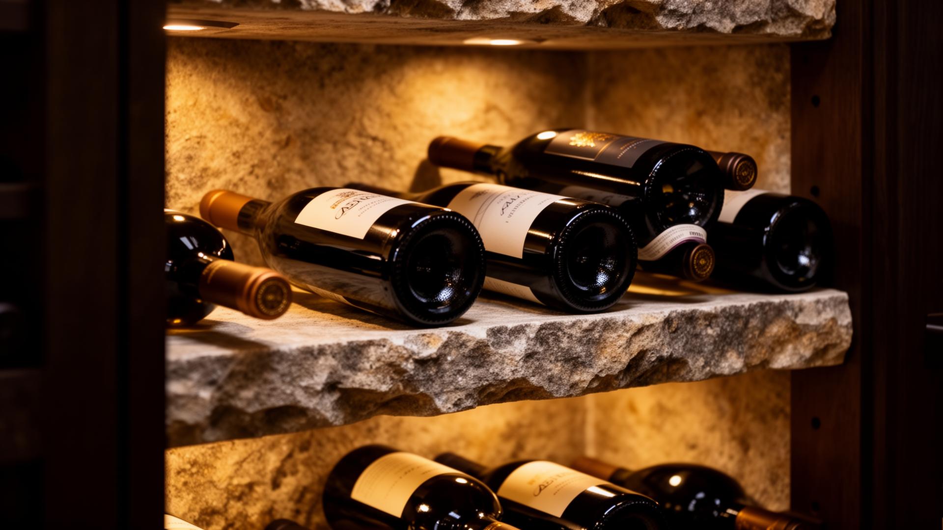 Luxury wine bottles resting on dark marble in an editorial hospitality setting